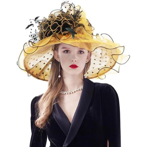Women Hat Wide Brim Tea Party Fascinator Yellow Black